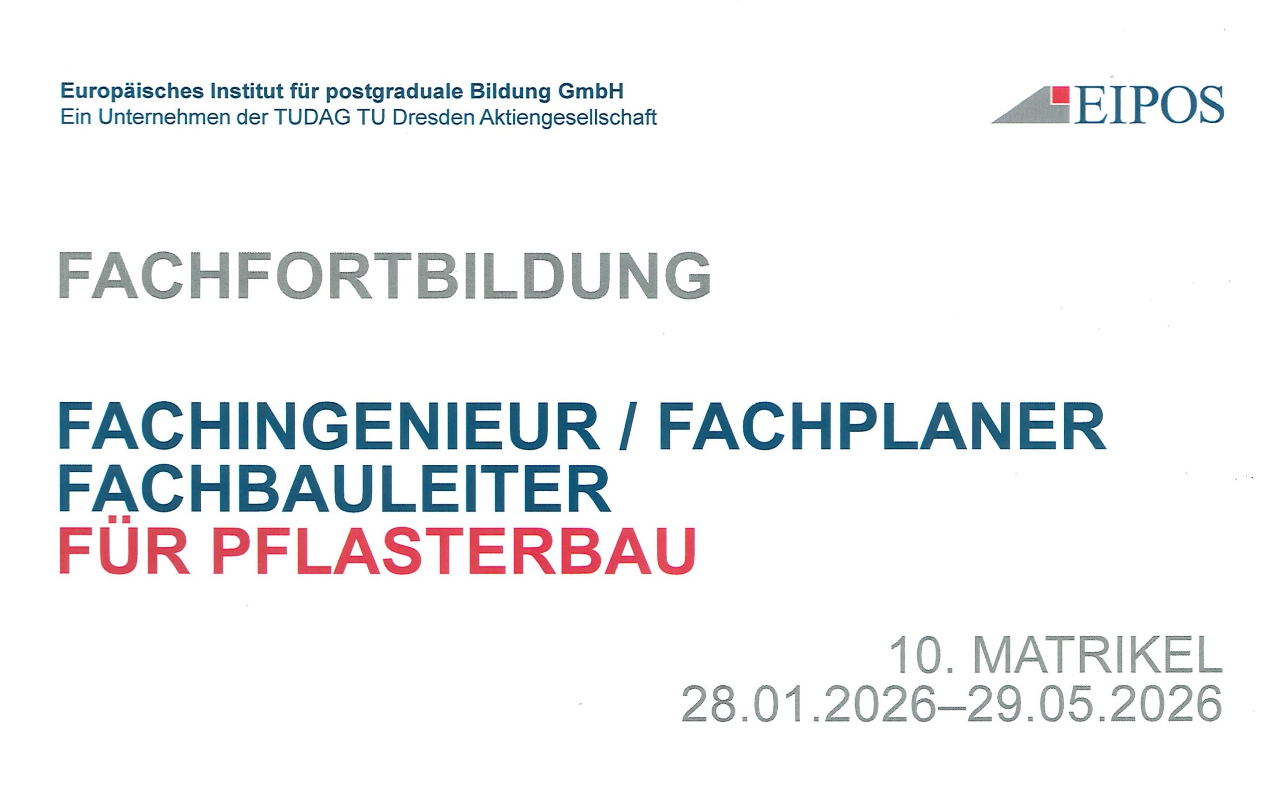 Ankündigung einer Fachfortbildung zum Fachplaner für Pflasterbau